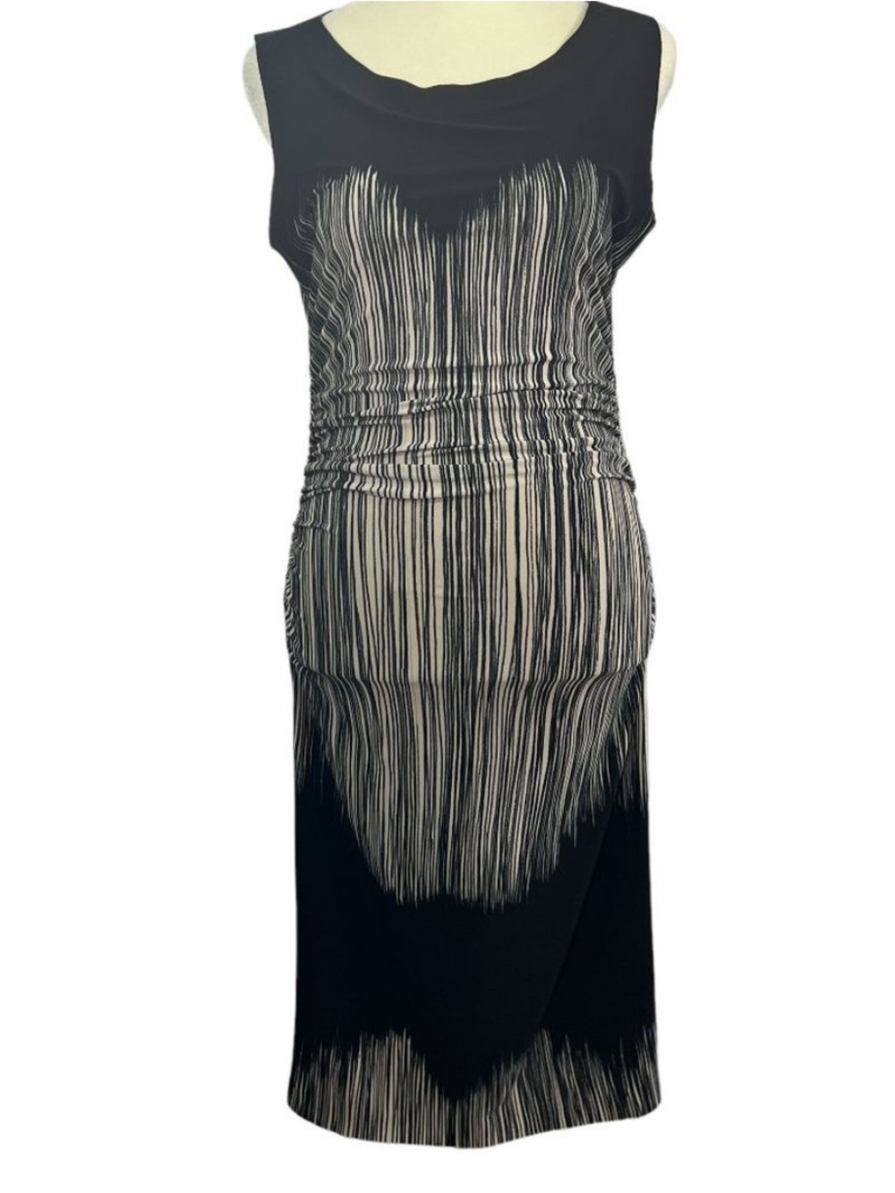 Norma Kamali Black and Cream Sleeveless Sheath Dress with Vertical Fringe Print
